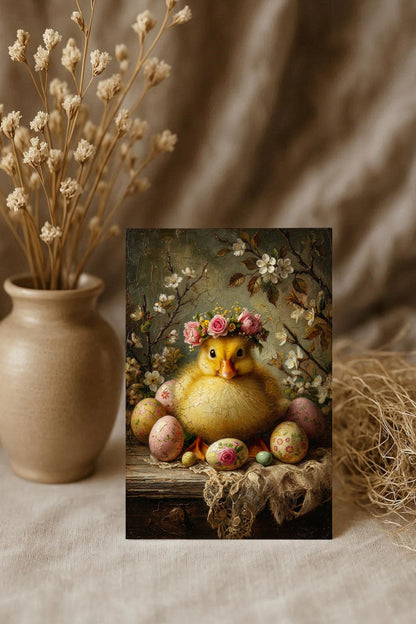 Vintage Osterbild mit flauschigem Küken, Blumenkranz und bemalten Ostereiern in einem romantischen Frühlingsstillleben.