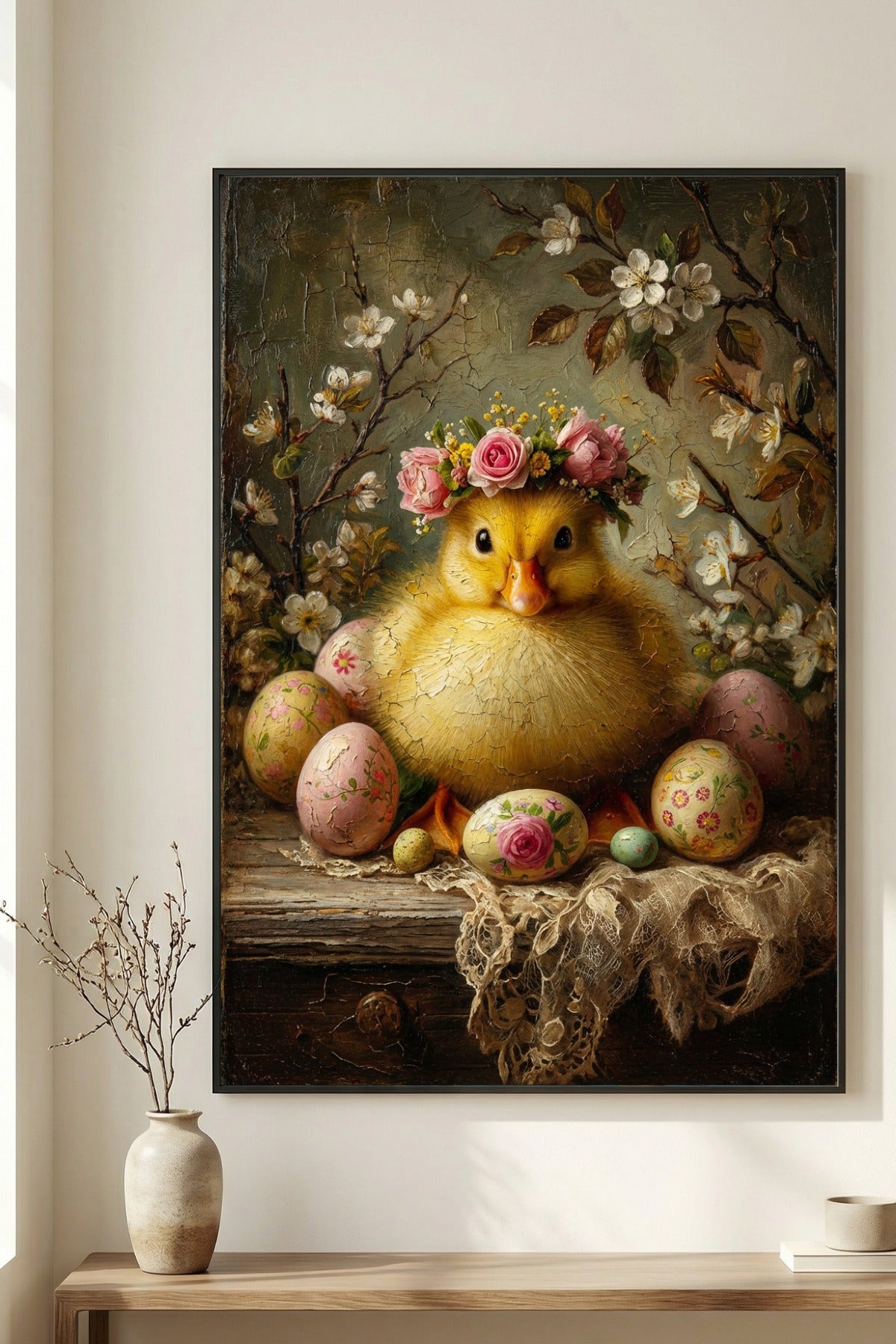 Vintage Osterbild mit flauschigem Küken, Blumenkranz und bemalten Ostereiern in einem romantischen Frühlingsstillleben.