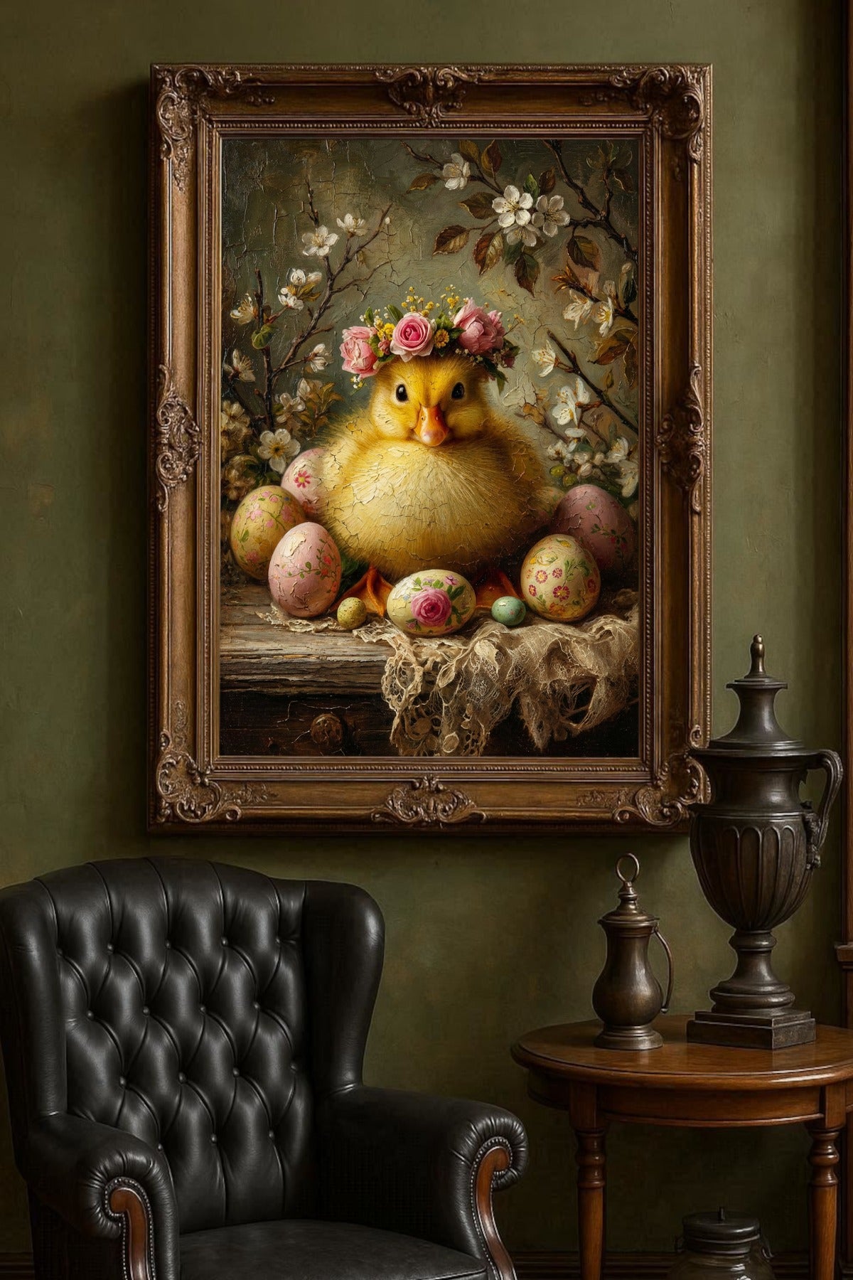 Vintage Osterbild mit flauschigem Küken, Blumenkranz und bemalten Ostereiern in einem romantischen Frühlingsstillleben.