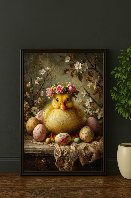Vintage Osterbild mit flauschigem Küken, Blumenkranz und bemalten Ostereiern in einem romantischen Frühlingsstillleben.