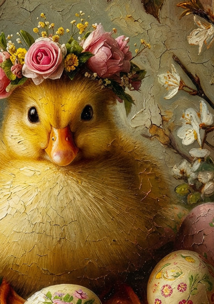 Vintage Osterbild mit flauschigem Küken, Blumenkranz und bemalten Ostereiern in einem romantischen Frühlingsstillleben.
