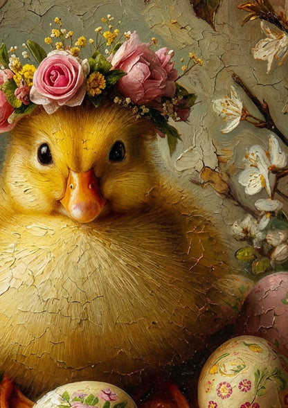 Vintage Osterbild mit flauschigem Küken, Blumenkranz und bemalten Ostereiern in einem romantischen Frühlingsstillleben.