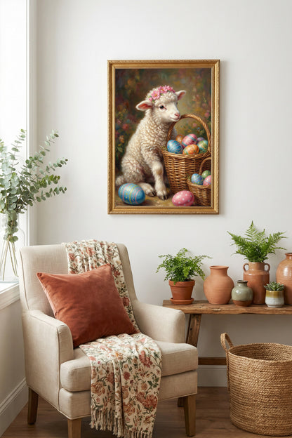 Vintage Poster mit Osterlamm und Korb voller bemalter Ostereier im romantischen Cottage Stil