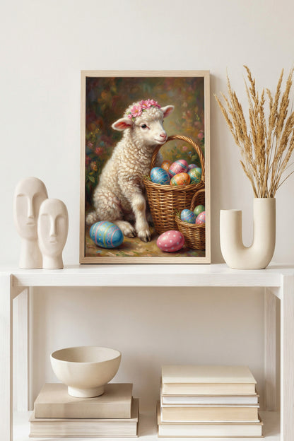 Vintage Poster mit Osterlamm und Korb voller bemalter Ostereier im romantischen Cottage Stil