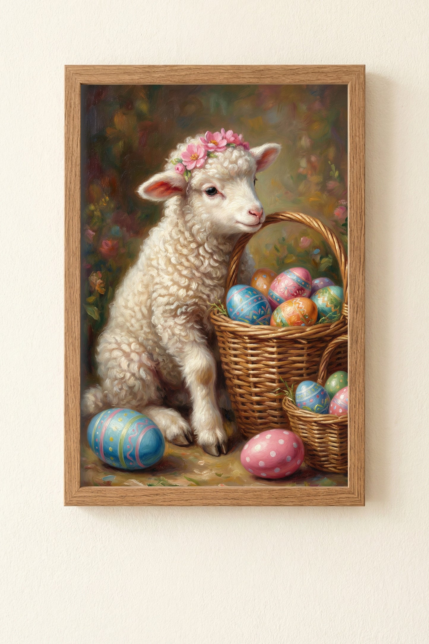 Vintage Poster mit Osterlamm und Korb voller bemalter Ostereier im romantischen Cottage Stil