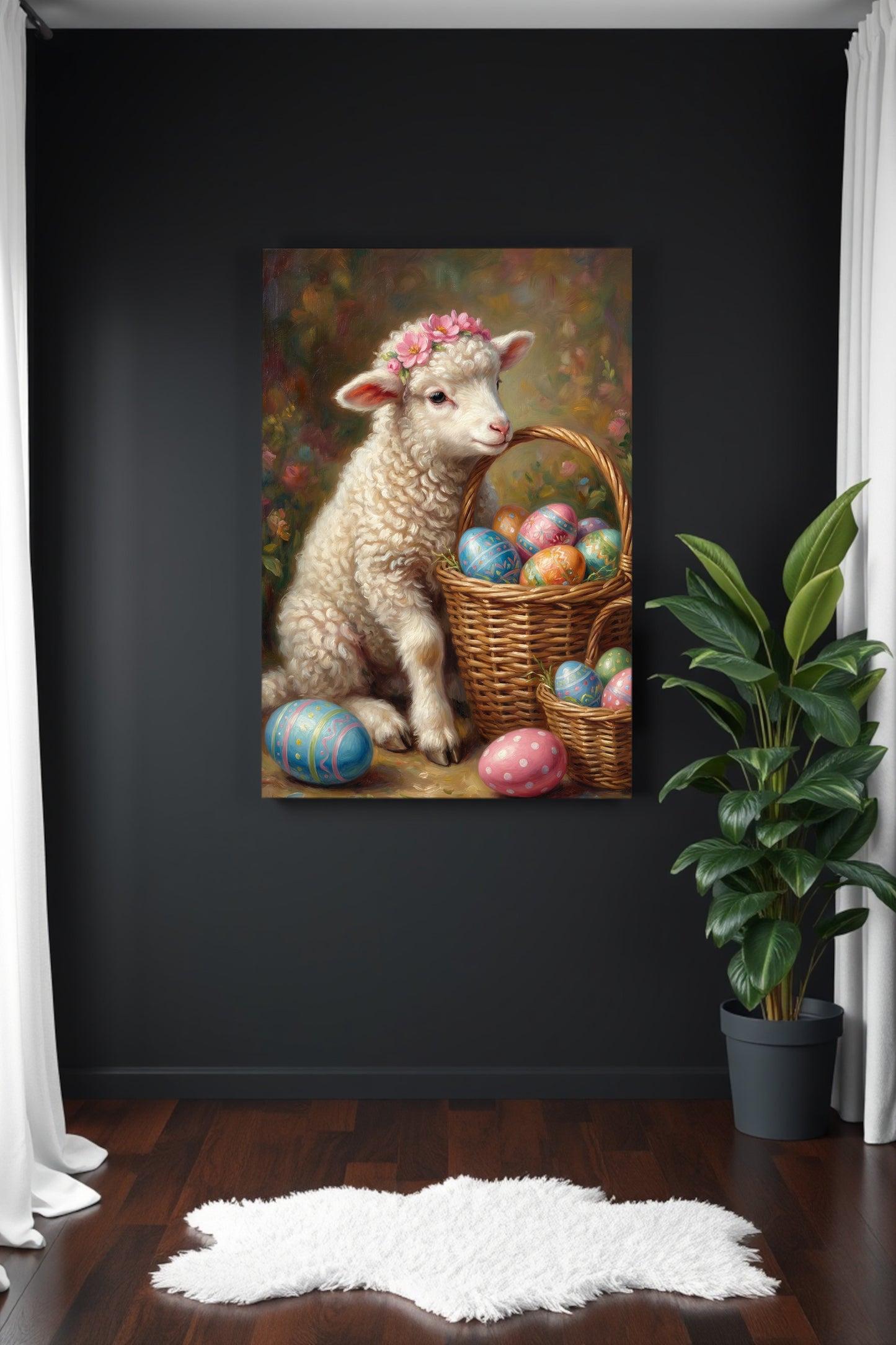 Vintage Poster mit Osterlamm und Korb voller bemalter Ostereier im romantischen Cottage Stil