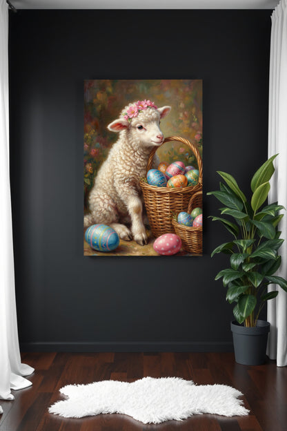 Vintage Poster mit Osterlamm und Korb voller bemalter Ostereier im romantischen Cottage Stil
