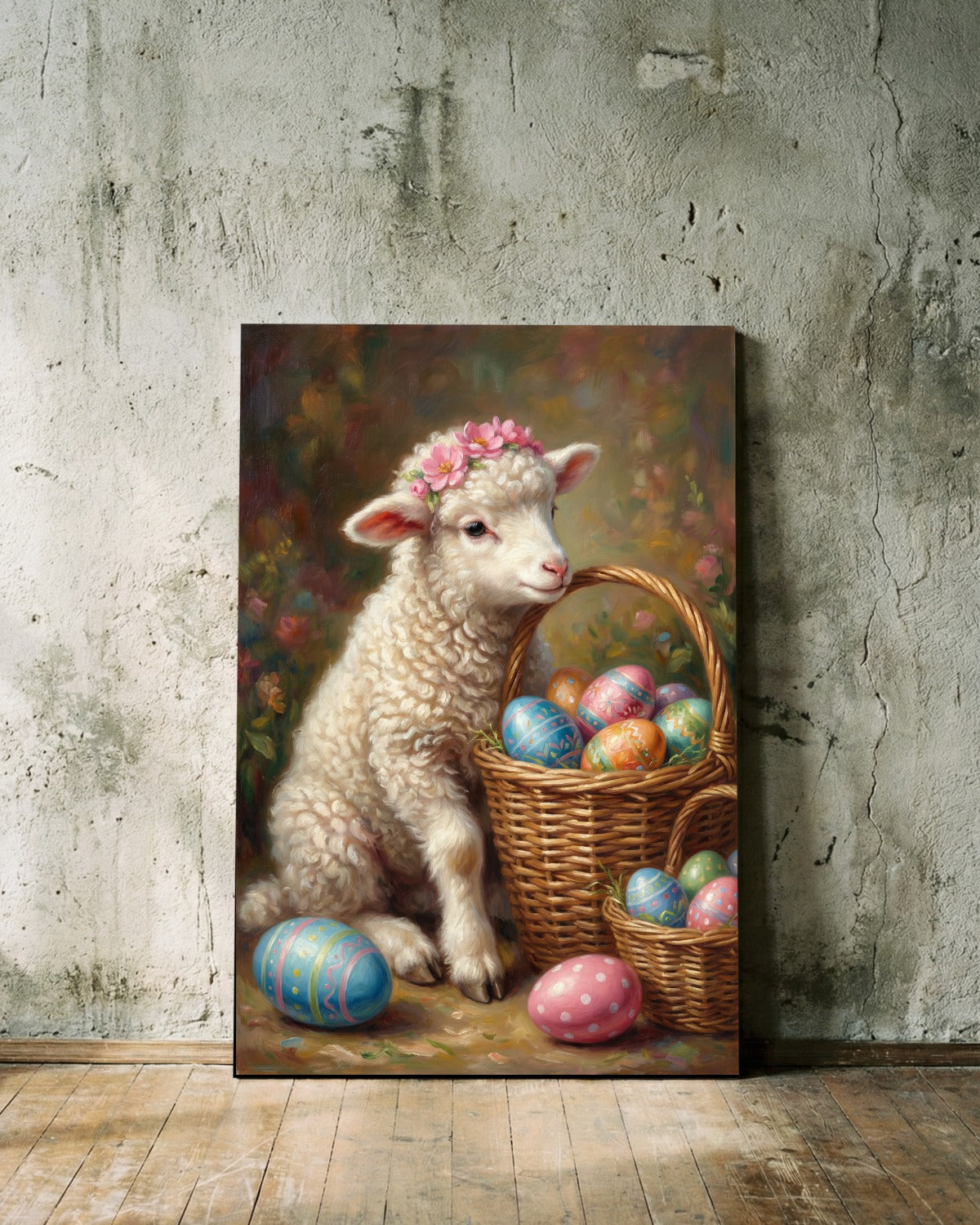 Vintage Poster mit Osterlamm und Korb voller bemalter Ostereier im romantischen Cottage Stil