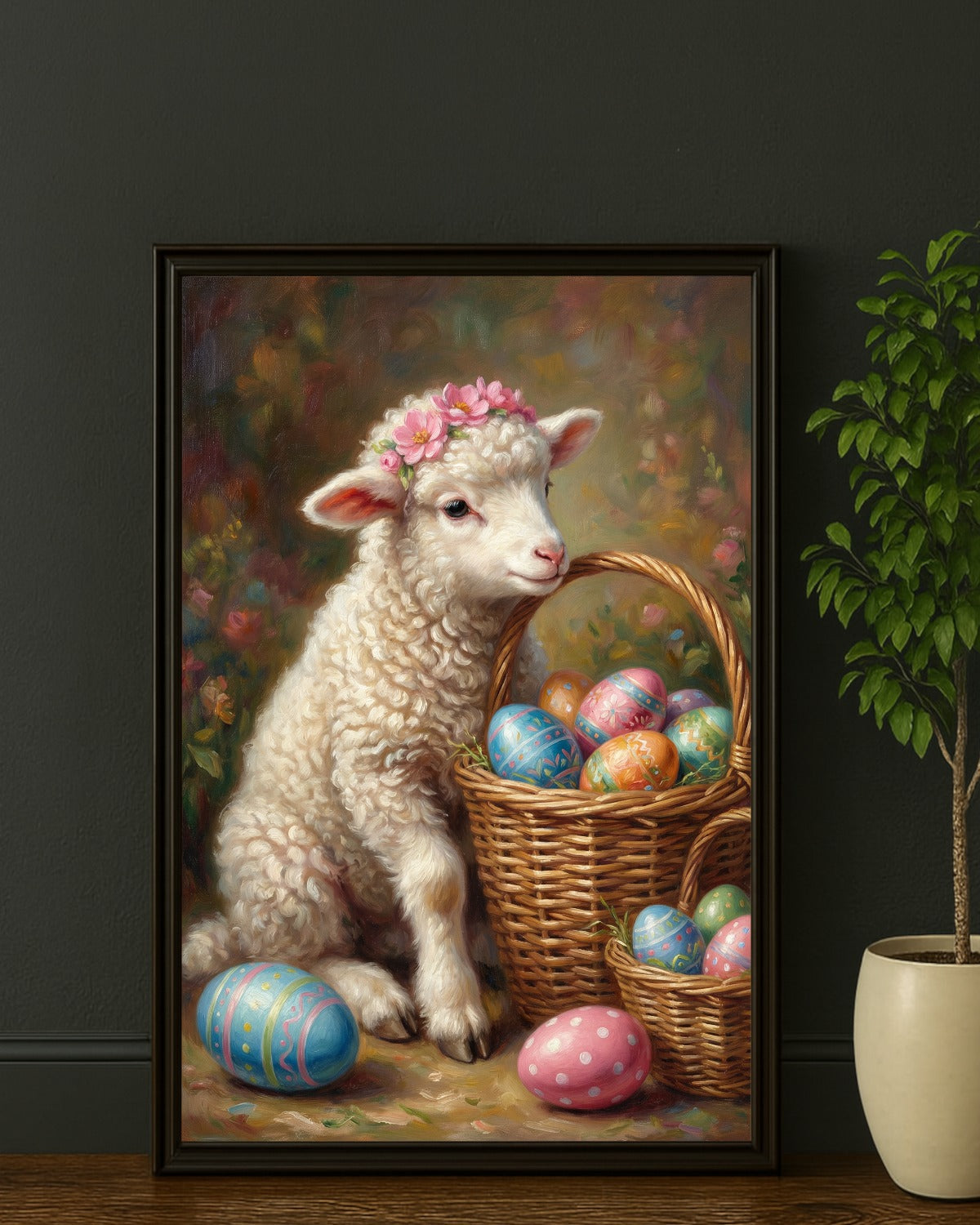 Vintage Poster mit Osterlamm und Korb voller bemalter Ostereier im romantischen Cottage Stil