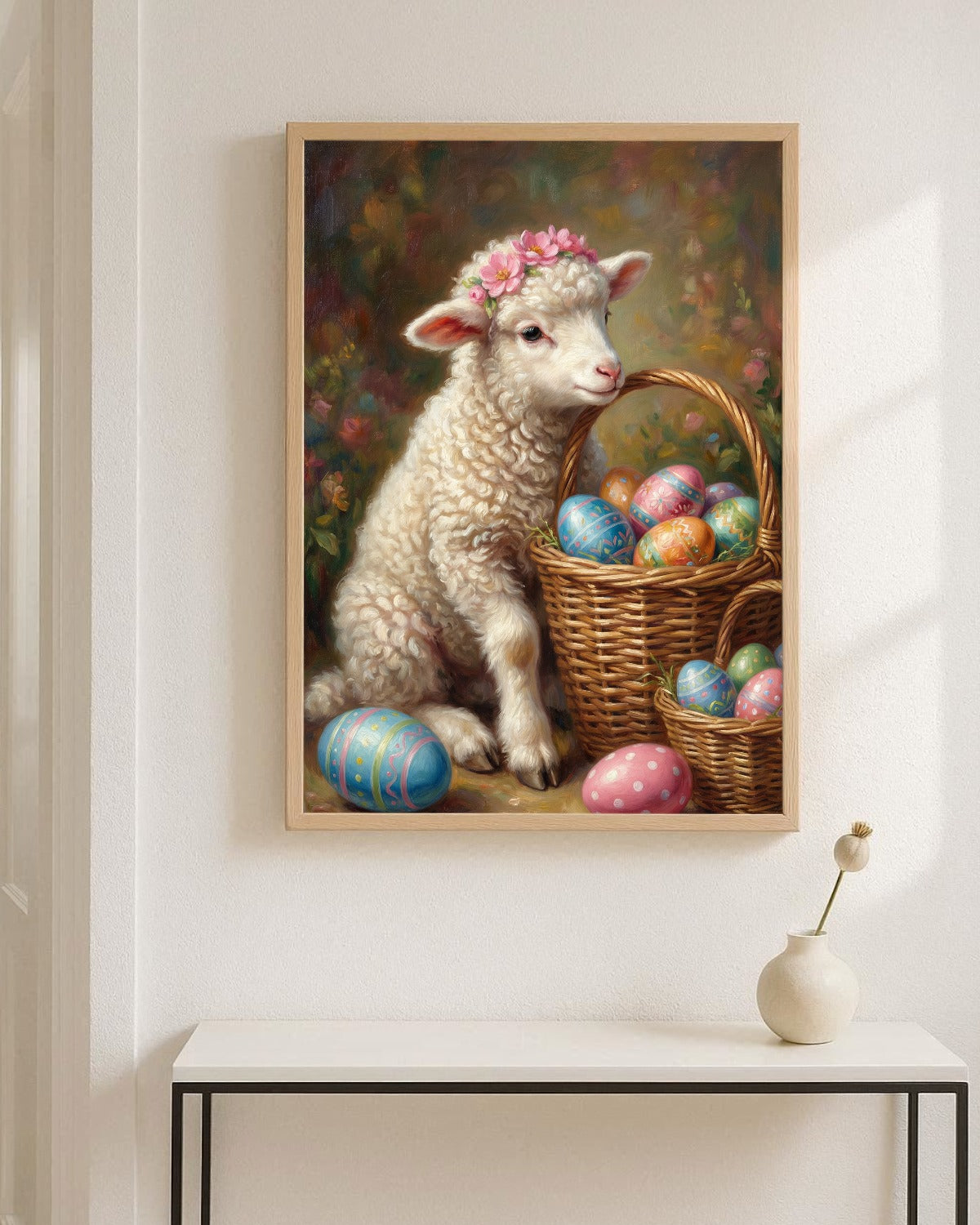 Vintage Poster mit Osterlamm und Korb voller bemalter Ostereier im romantischen Cottage Stil