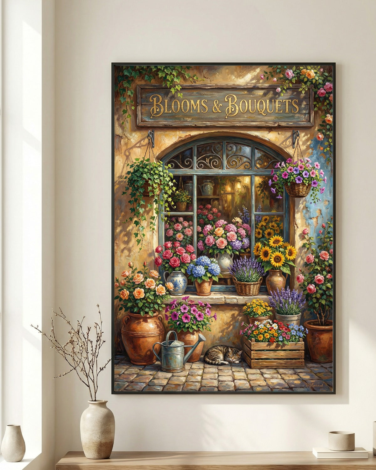 Vintage Blumenladen Illustration mit Blooms & Bouquets Schild, Rosen, Sonnenblumen und Lavendel als florales Wandbild