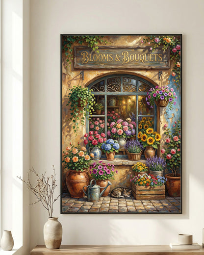 Vintage Blumenladen Illustration mit Blooms & Bouquets Schild, Rosen, Sonnenblumen und Lavendel als florales Wandbild