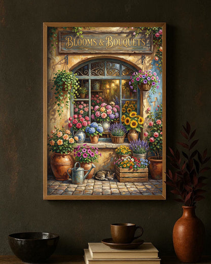 Vintage Blumenladen Illustration mit Blooms & Bouquets Schild, Rosen, Sonnenblumen und Lavendel als florales Wandbild