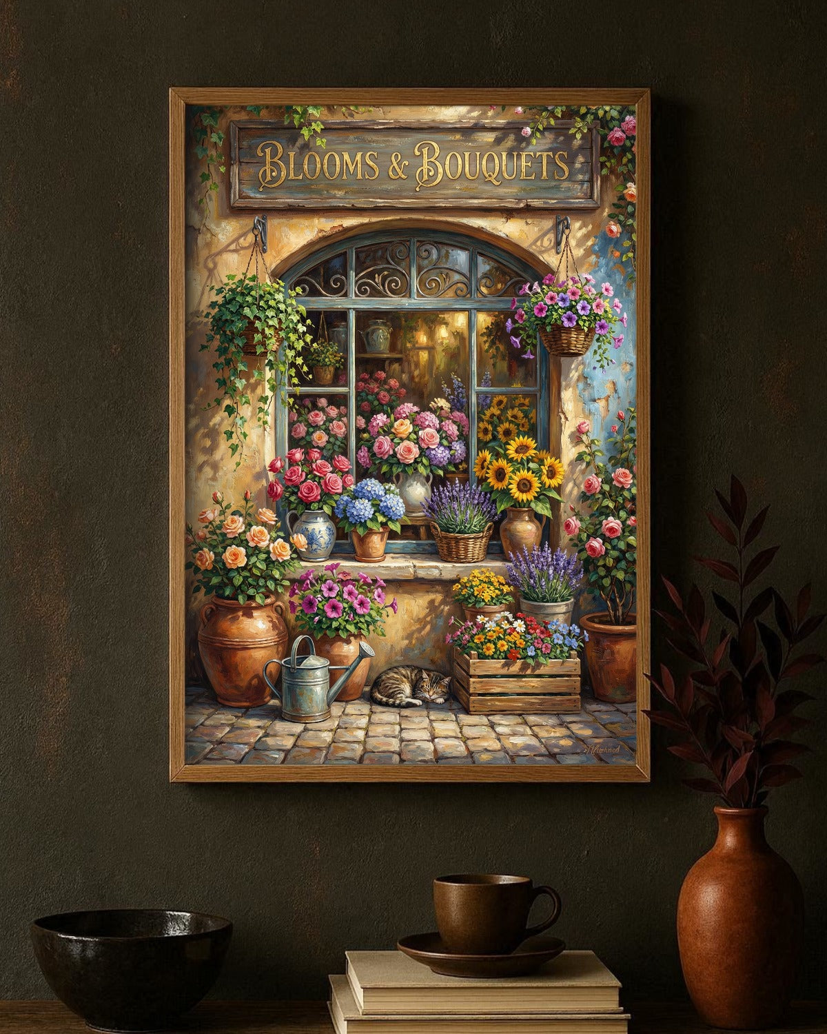 Vintage Blumenladen Poster mit Blooms & Bouquets Schild, Rosen, Sonnenblumen und Lavendel vor nostalgischer Fassade im Landhausstil