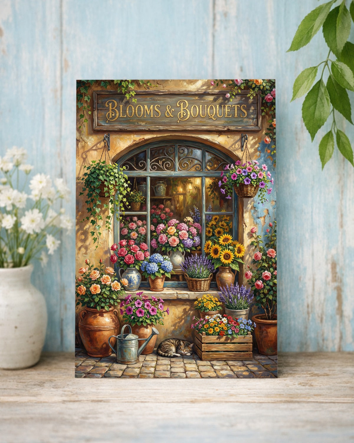 Vintage Blumenladen Illustration mit Blooms & Bouquets Schild, Rosen, Sonnenblumen und Lavendel als florales Wandbild