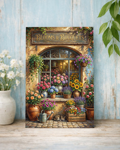 Vintage Blumenladen Illustration mit Blooms & Bouquets Schild, Rosen, Sonnenblumen und Lavendel als florales Wandbild