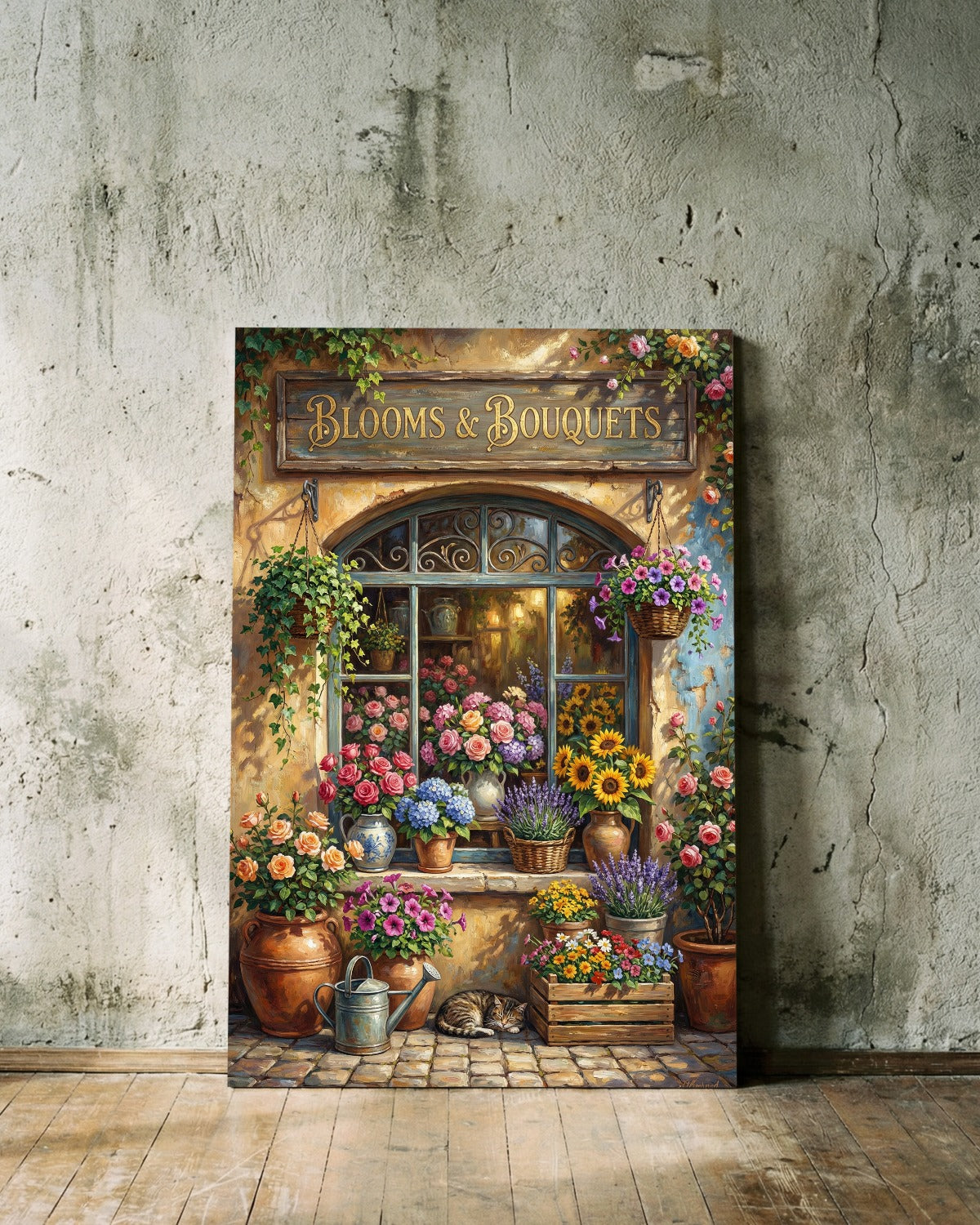 Vintage Blumenladen Illustration mit Blooms & Bouquets Schild, Rosen, Sonnenblumen und Lavendel als florales Wandbild