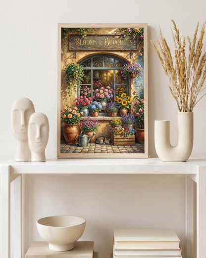 Vintage Blumenladen Poster mit Blooms & Bouquets Schild, Rosen, Sonnenblumen und Lavendel vor nostalgischer Fassade im Landhausstil