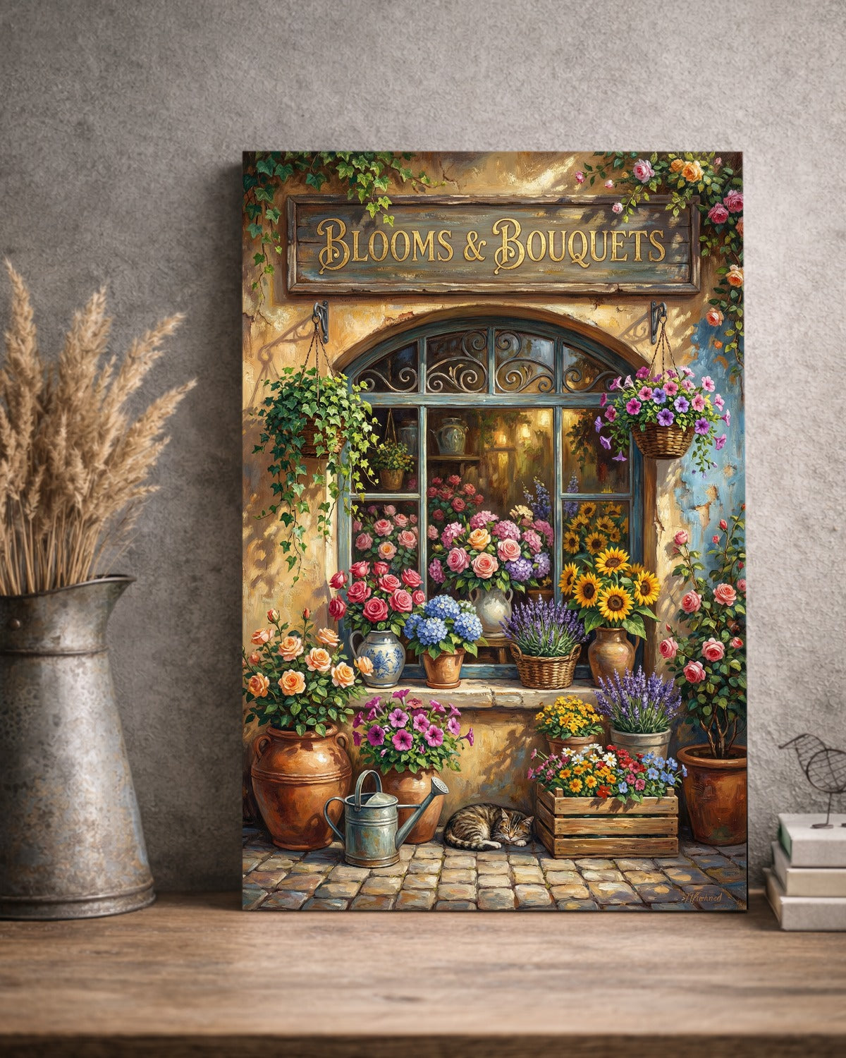 Vintage Blumenladen Illustration mit Blooms & Bouquets Schild, Rosen, Sonnenblumen und Lavendel als florales Wandbild