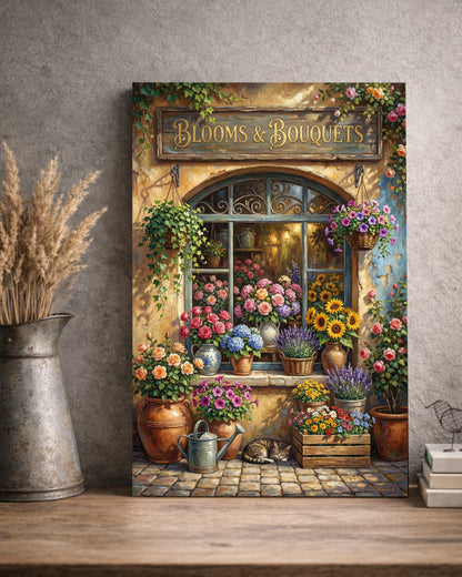 Vintage Blumenladen Illustration mit Blooms & Bouquets Schild, Rosen, Sonnenblumen und Lavendel als florales Wandbild