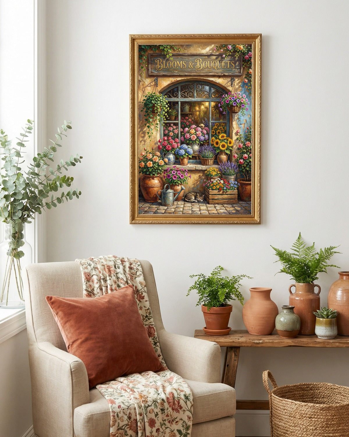 Vintage Blumenladen Poster mit Blooms & Bouquets Schild, Rosen, Sonnenblumen und Lavendel vor nostalgischer Fassade im Landhausstil
