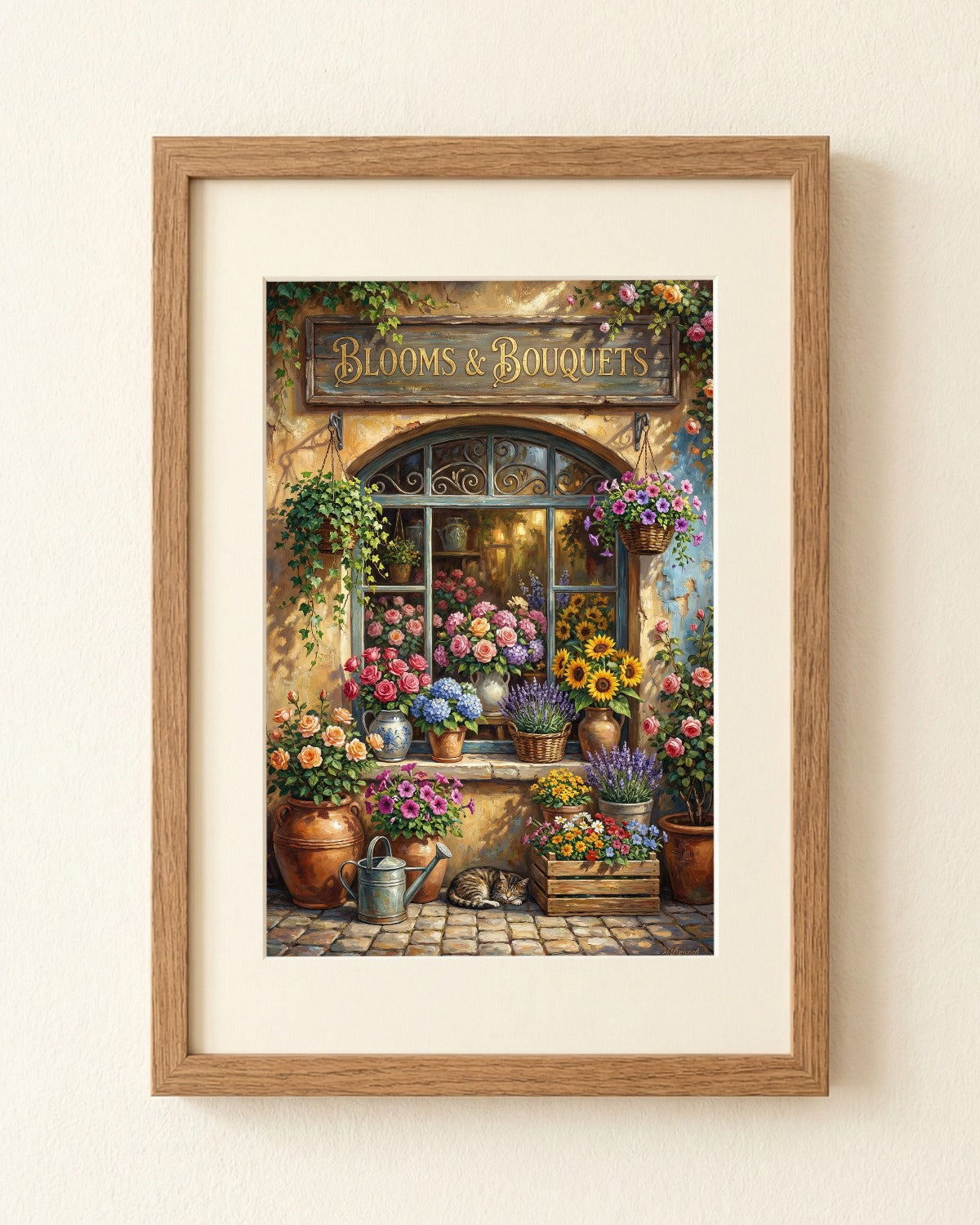 Vintage Blumenladen Poster mit Blooms & Bouquets Schild, Rosen, Sonnenblumen und Lavendel vor nostalgischer Fassade im Landhausstil