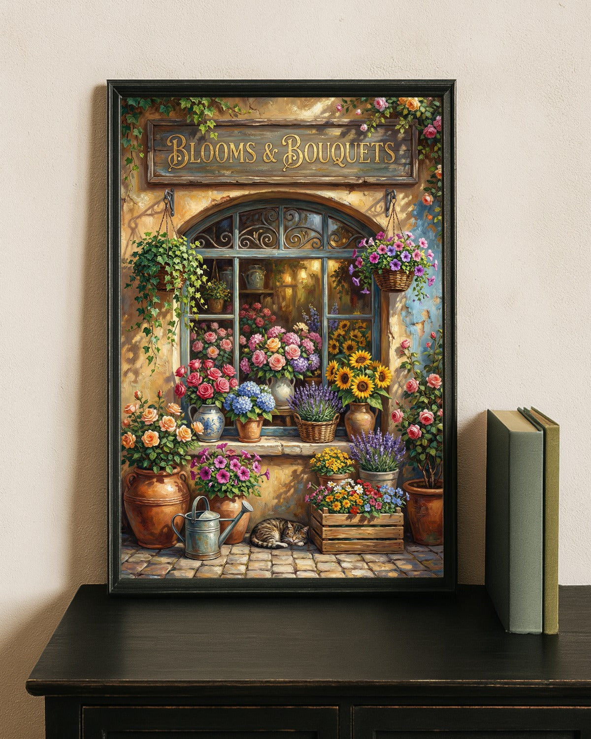 Vintage Blumenladen Poster mit Blooms & Bouquets Schild, Rosen, Sonnenblumen und Lavendel vor nostalgischer Fassade im Landhausstil