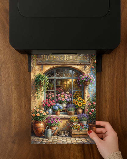Vintage Blumenladen Illustration mit Blooms & Bouquets Schild, Rosen, Sonnenblumen und Lavendel als florales Wandbild