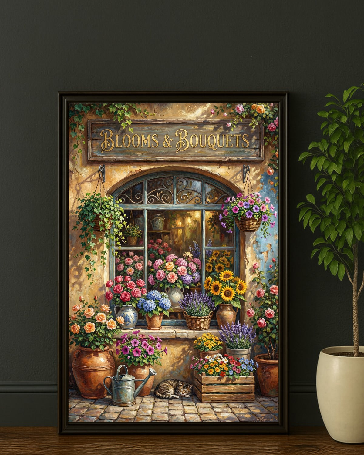 Vintage Blumenladen Poster mit Blooms & Bouquets Schild, Rosen, Sonnenblumen und Lavendel vor nostalgischer Fassade im Landhausstil