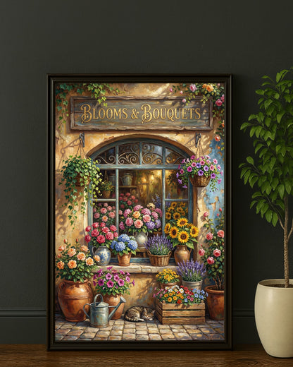 Vintage Blumenladen Poster mit Blooms & Bouquets Schild, Rosen, Sonnenblumen und Lavendel vor nostalgischer Fassade im Landhausstil