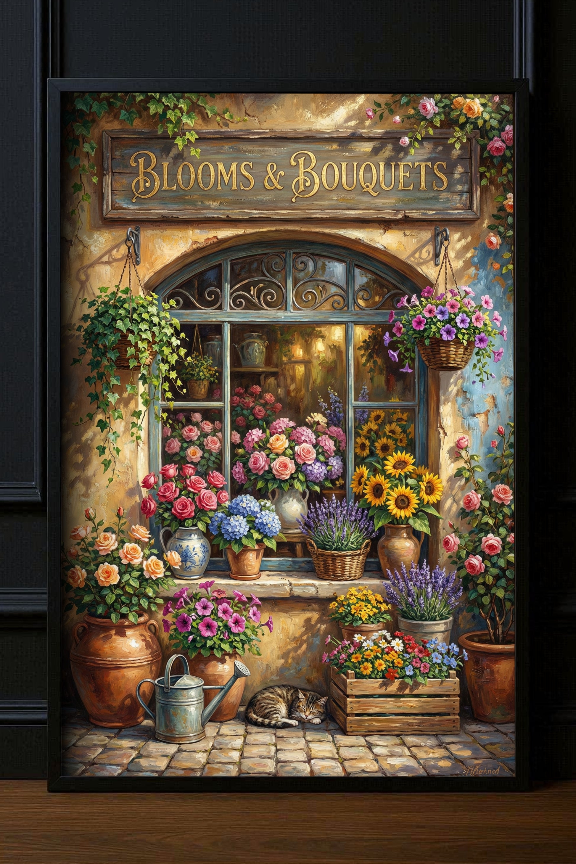 Vintage Blumenladen Poster mit Blooms & Bouquets Schild, Rosen, Sonnenblumen und Lavendel vor nostalgischer Fassade im Landhausstil