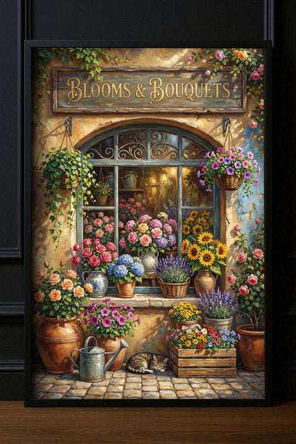 Vintage Blumenladen Poster mit Blooms & Bouquets Schild, Rosen, Sonnenblumen und Lavendel vor nostalgischer Fassade im Landhausstil