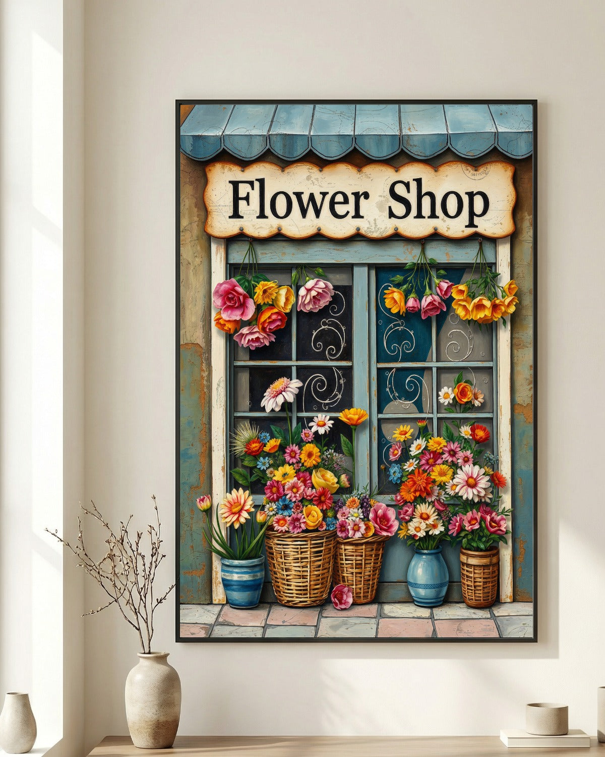 Vintage Blumenladen Illustration mit Schild „Flower Shop“, bunten Blumen in Körben und rustikaler Holzfassade als dekoratives Poster