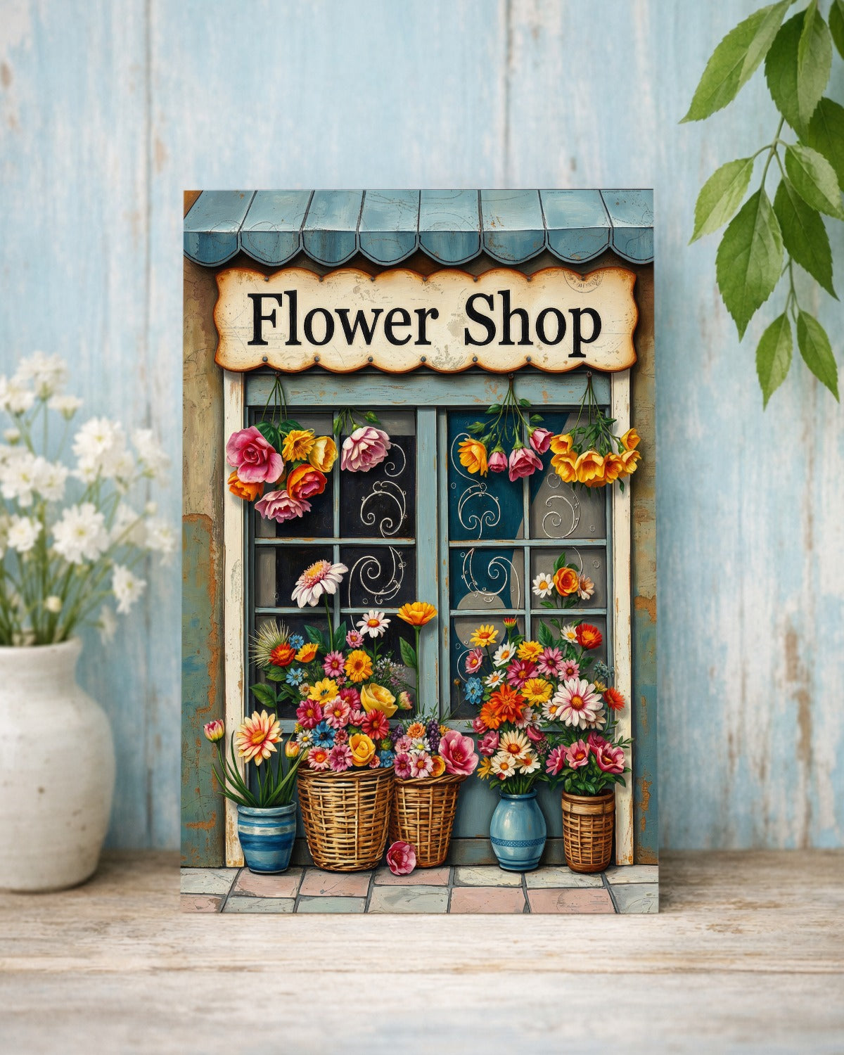 Vintage Blumenladen Illustration mit Schild „Flower Shop“, bunten Blumen in Körben und rustikaler Holzfassade als dekoratives Poster