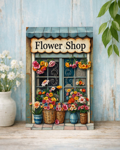 Vintage Blumenladen Illustration mit Schild „Flower Shop“, bunten Blumen in Körben und rustikaler Holzfassade als dekoratives Poster