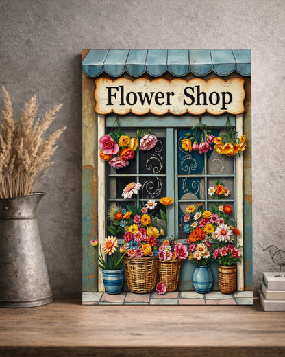 Vintage Blumenladen Illustration mit Schild „Flower Shop“, bunten Blumen in Körben und rustikaler Holzfassade als dekoratives Poster
