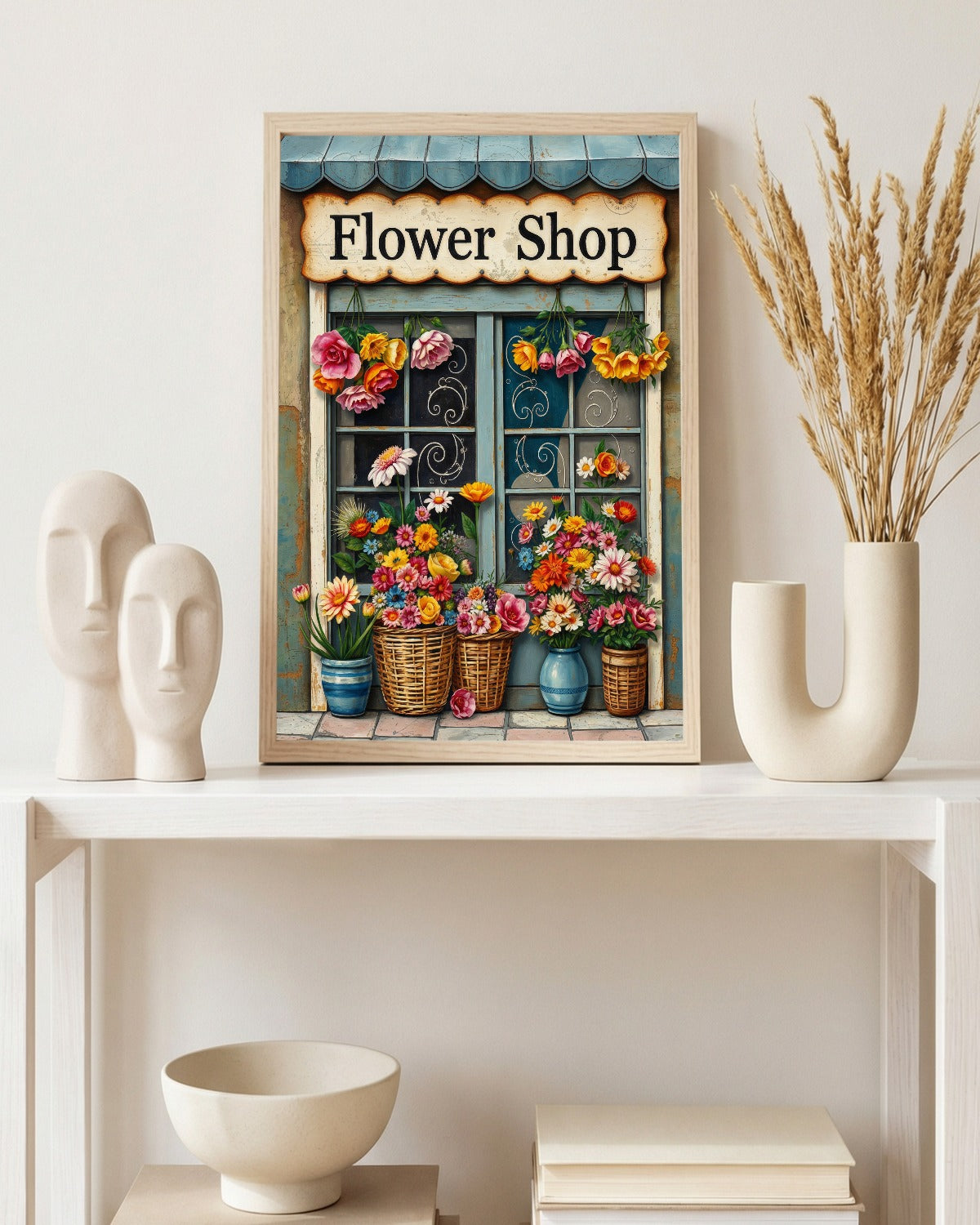 Vintage Blumenladen Illustration mit Schild „Flower Shop“, bunten Blumen in Körben und rustikaler Holzfassade als dekoratives Poster