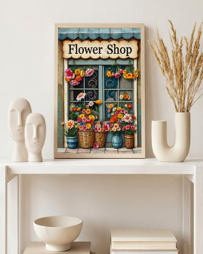 Vintage Blumenladen Illustration mit Schild „Flower Shop“, bunten Blumen in Körben und rustikaler Holzfassade als dekoratives Poster