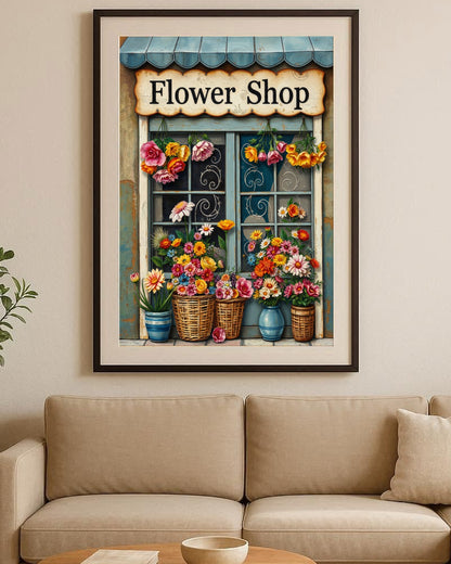 Vintage Blumenladen Illustration mit Schild „Flower Shop“, bunten Blumen in Körben und rustikaler Holzfassade als dekoratives Poster