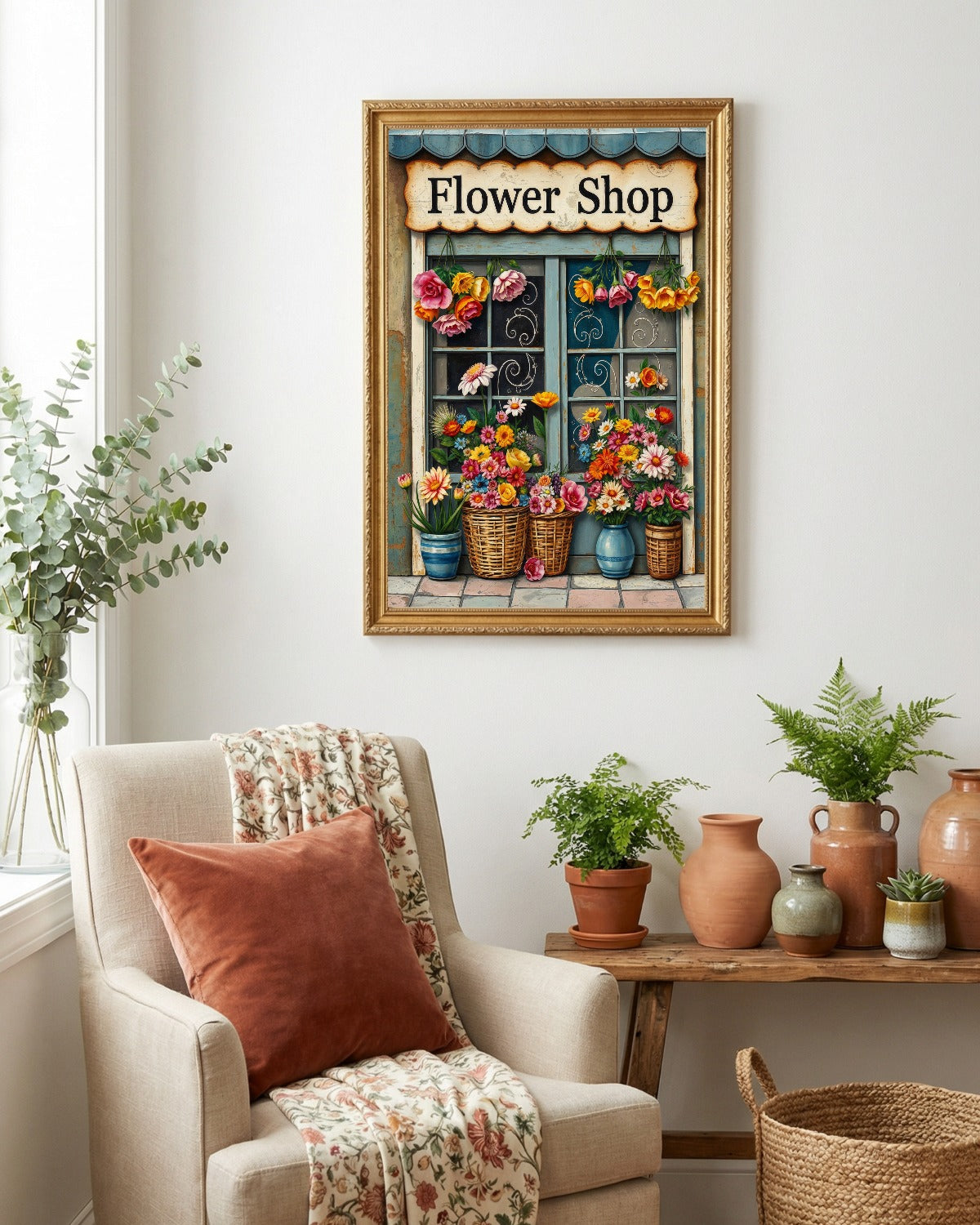 Vintage Blumenladen Illustration mit Schild „Flower Shop“, bunten Blumen in Körben und rustikaler Holzfassade als dekoratives Poster
