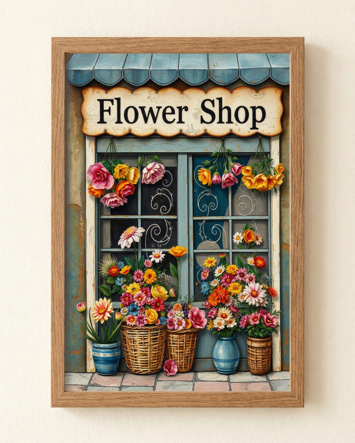 Vintage Blumenladen Illustration mit Schild „Flower Shop“, bunten Blumen in Körben und rustikaler Holzfassade als dekoratives Poster