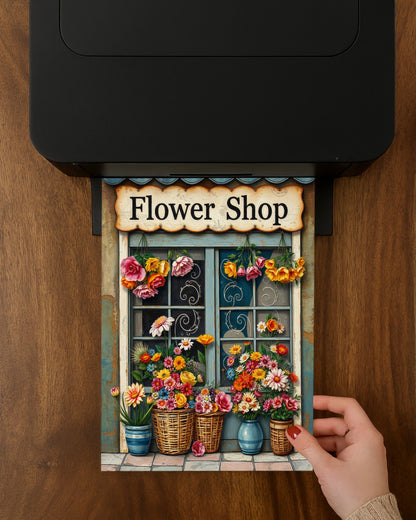 Vintage Blumenladen Illustration mit Schild „Flower Shop“, bunten Blumen in Körben und rustikaler Holzfassade als dekoratives Poster
