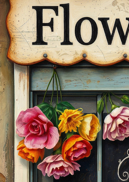 Vintage Blumenladen Illustration mit Schild „Flower Shop“, bunten Blumen in Körben und rustikaler Holzfassade als dekoratives Poster
