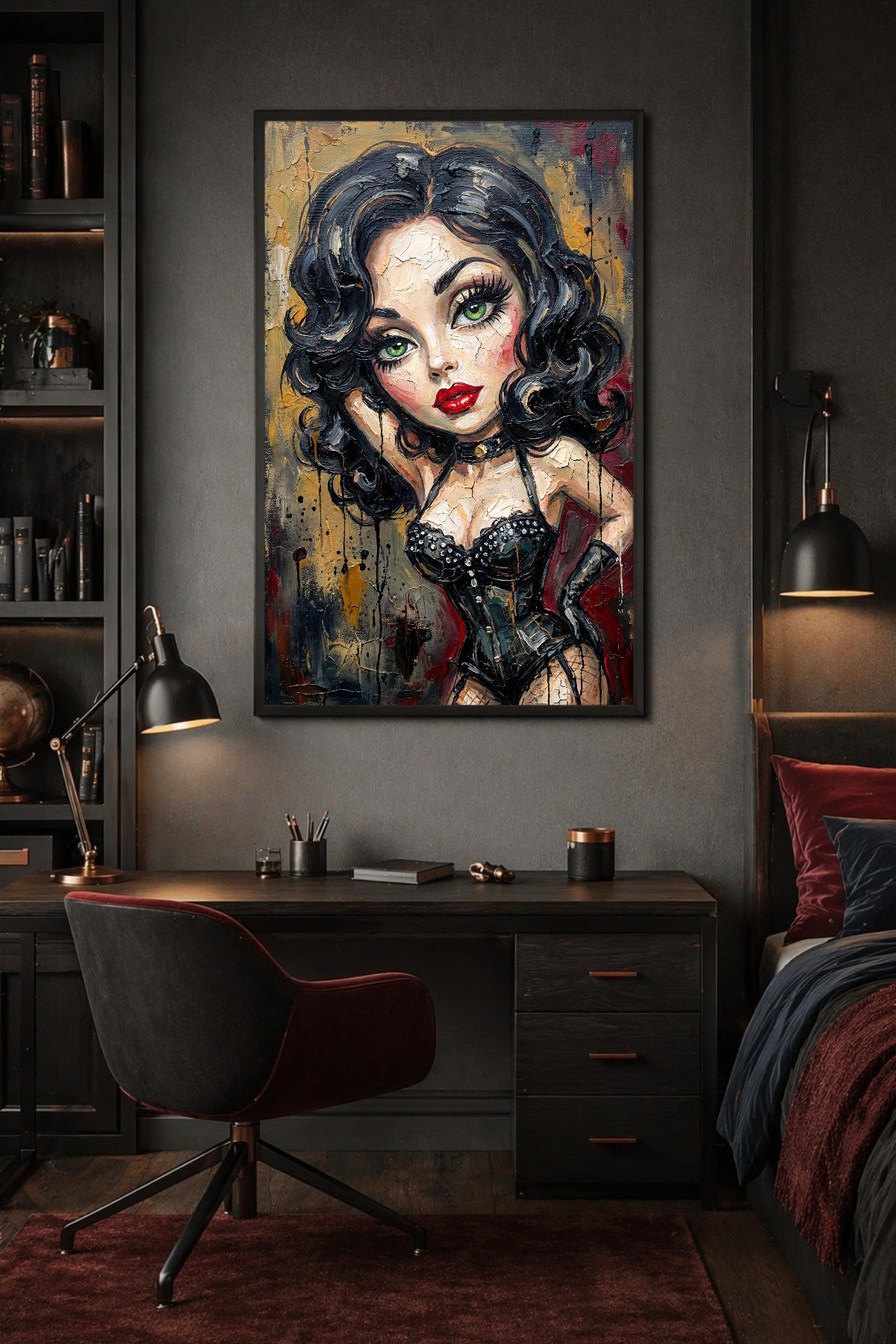 Vintage Burlesque Wandbild mit Frau in schwarzer Corsage, dunklen Locken, grünen Augen und kräftig roten Lippen.