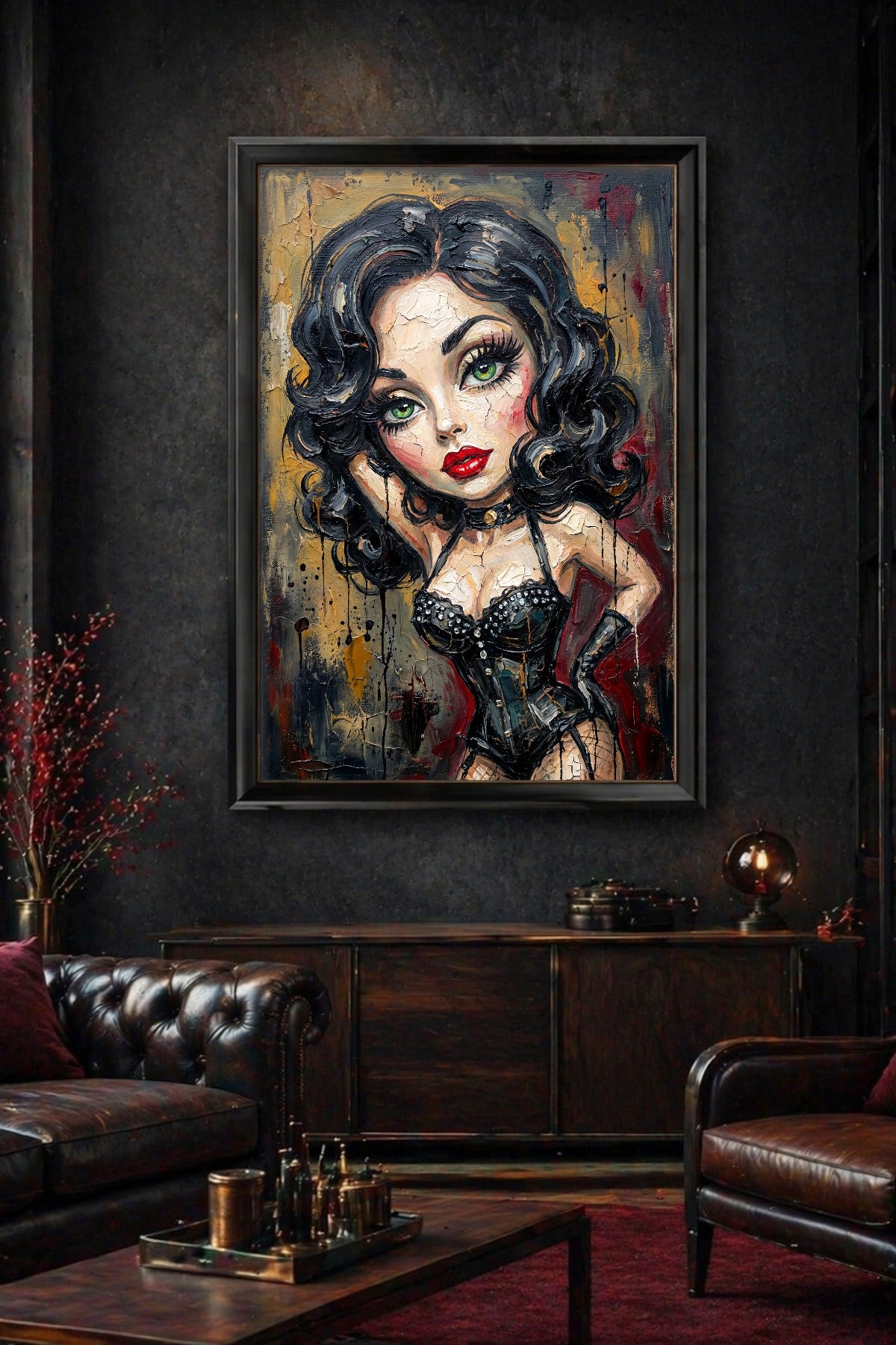Ausdrucksstarkes Pin Up Wandbild mit Frau in schwarzer Corsage, roten Lippen, grünen Augen und Vintage-Burlesque-Atmosphäre.