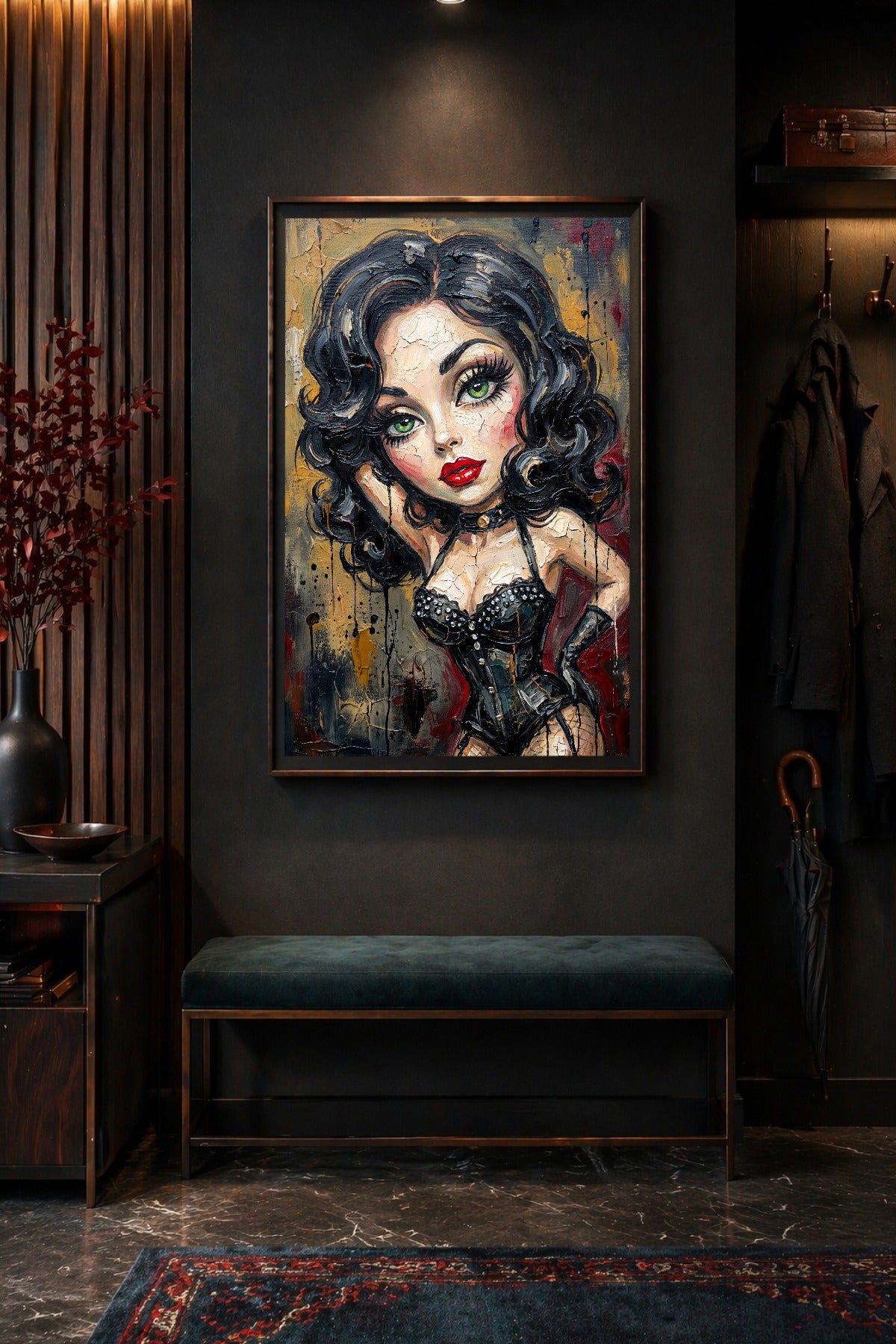 Digitales Vintage Glamour Poster mit Burlesque-Frau, schwarzer Corsage, grünen Augen, roten Lippen und dunkler Portraitwirkung.