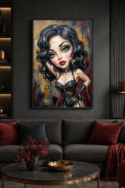 Digitales Frauenportrait im Pin Up Stil mit schwarzem Corsage-Outfit, roten Lippen und düsterem Burlesque-Look.