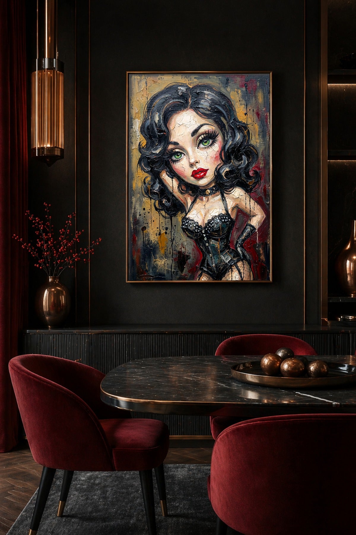Burlesque Poster als Digitaldownload mit femininer Figur, schwarzer Corsage, grünen Augen und dunklem, strukturiertem Hintergrund.