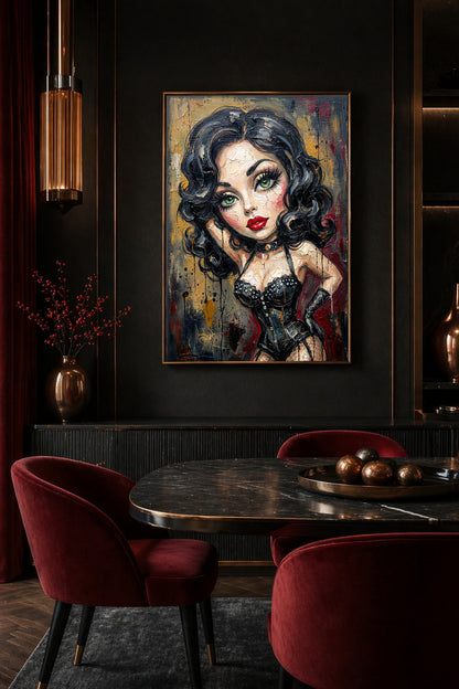 Burlesque Poster als Digitaldownload mit femininer Figur, schwarzer Corsage, grünen Augen und dunklem, strukturiertem Hintergrund.