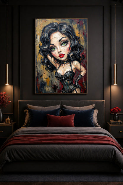 Digitales Pin Up Poster mit stilisierter Frau, schwarzer Corsage, roten Lippen, grünen Augen und dunklem Burlesque-Hintergrund.